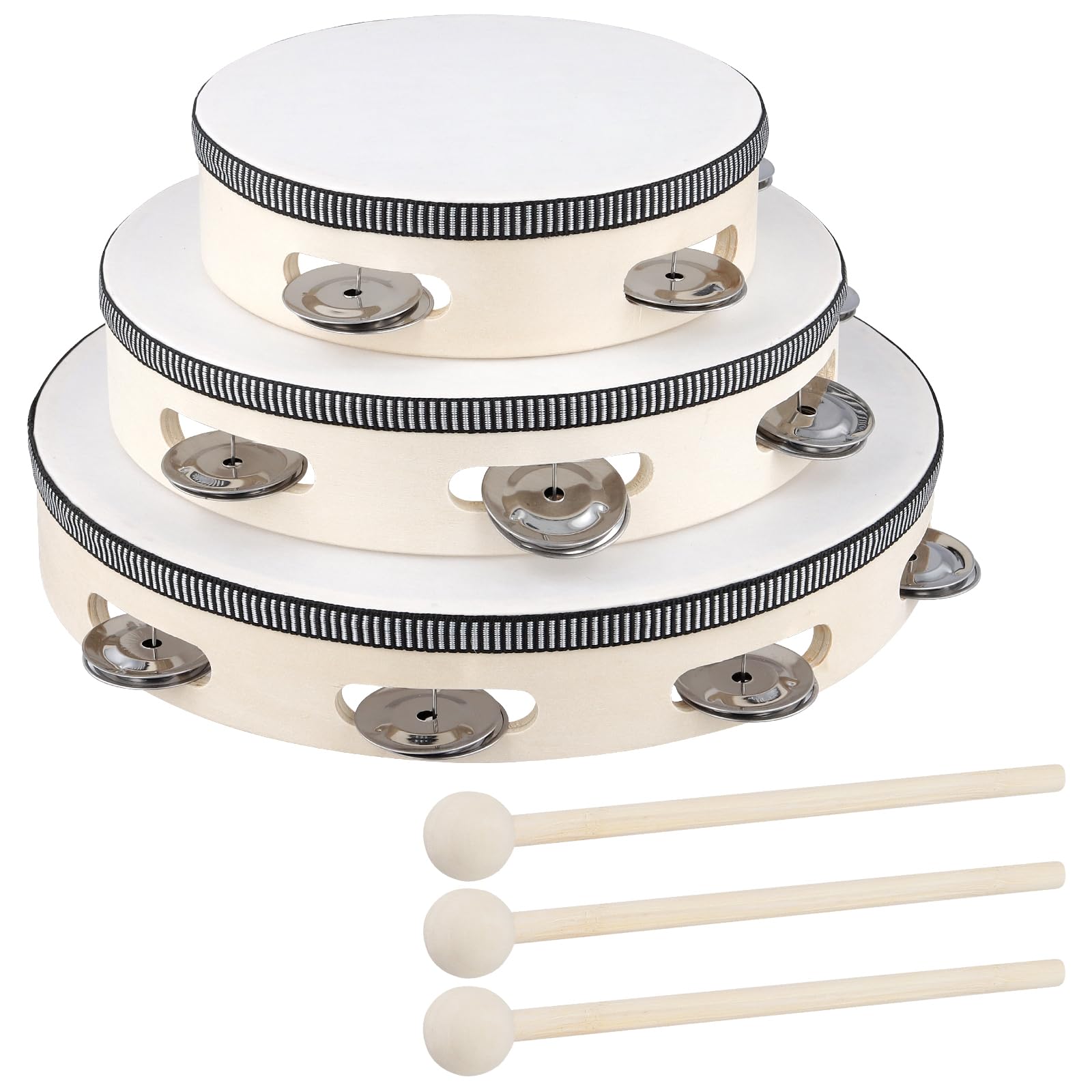MAHIONG 3 Pack 6 Inch 8 Inch 10 Inch Wooden Tambourine, Wood Frame Hand Held Tambourine with 3 Drum Sticks for Rhythm Learning, Music Performances, Parties