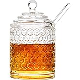 Iyulania Glass Honey Jar with Lid and Dipper, Honeycomb-Inspired Design Container, Heavy Honey Pot for Home Kitchen (10 oz)