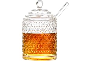 Iyulania Glass Honey Jar with Lid and Dipper, Honeycomb-Inspired Design Container, Heavy Honey Pot for Home Kitchen (10 oz)