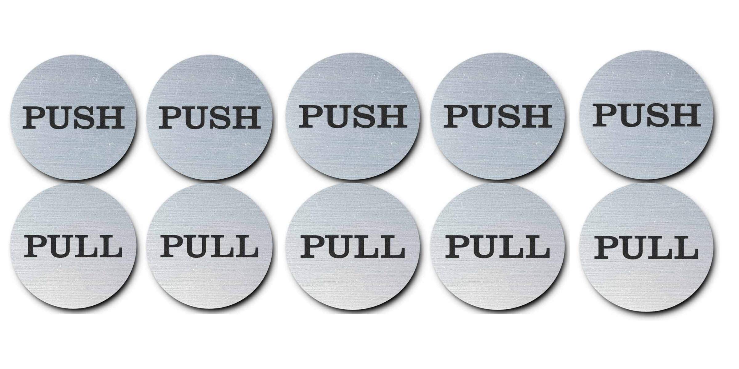 Coolest 2" Round Push Pull Door Signs (Brushed Silver) - 304 Grade Stainless Steel (Pair of 5)