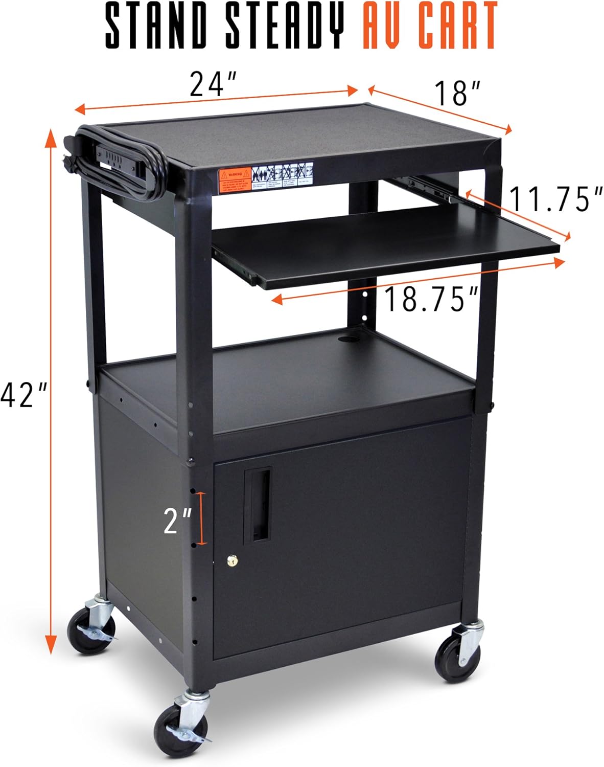 Line Leader AV Cart and Locking Cabinet - Includes Pullout Keyboard Tray, Easy Locking Wheels and Cord Management - Great for School and Office (42 x 24 x 18 / Black) : Office Products