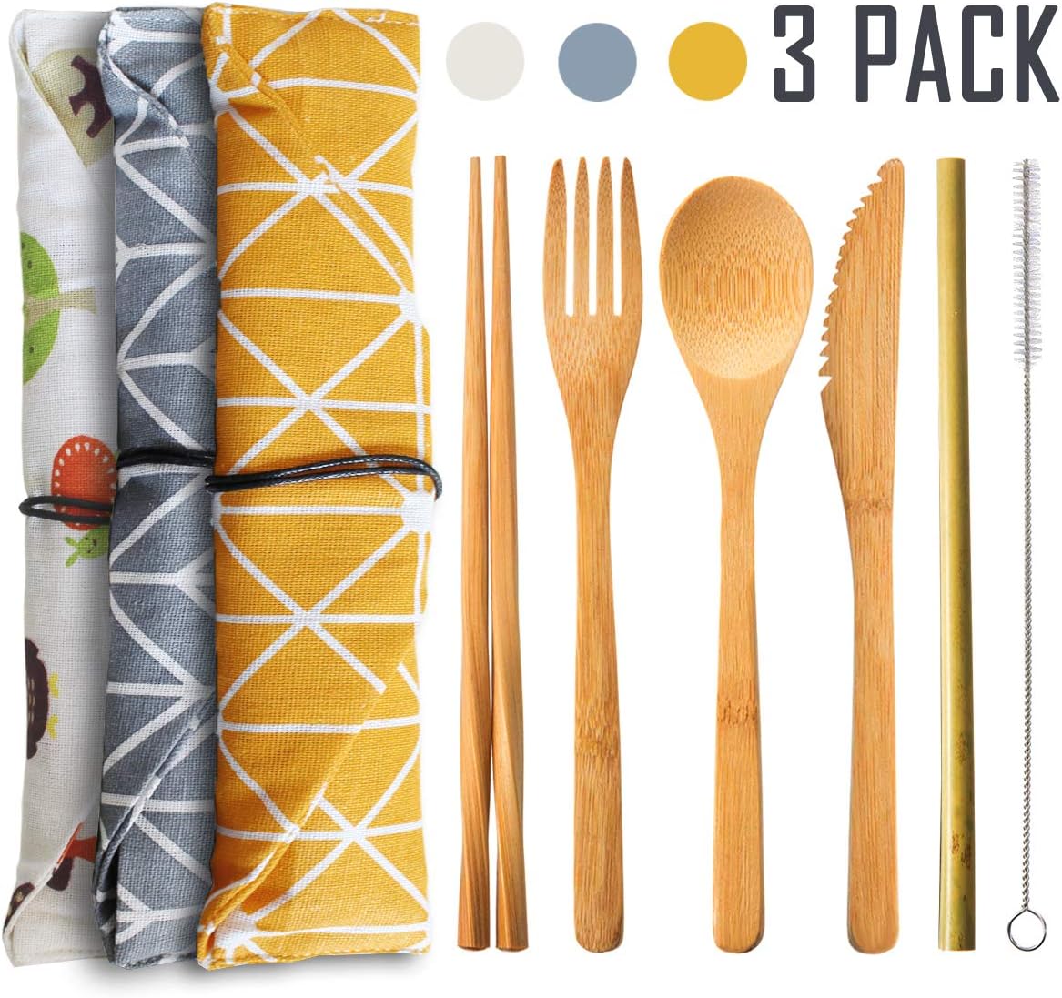 ZHENDUO 3 Set Bamboo Cutlery Set,Eco-Friendly Reusable Cutlery Sets,Portable Wooden Utensils for Travel,Outdoor with Case,Spoon, Fork, Knife, Cleaning Brush, Reusable Straws,Chopsticks