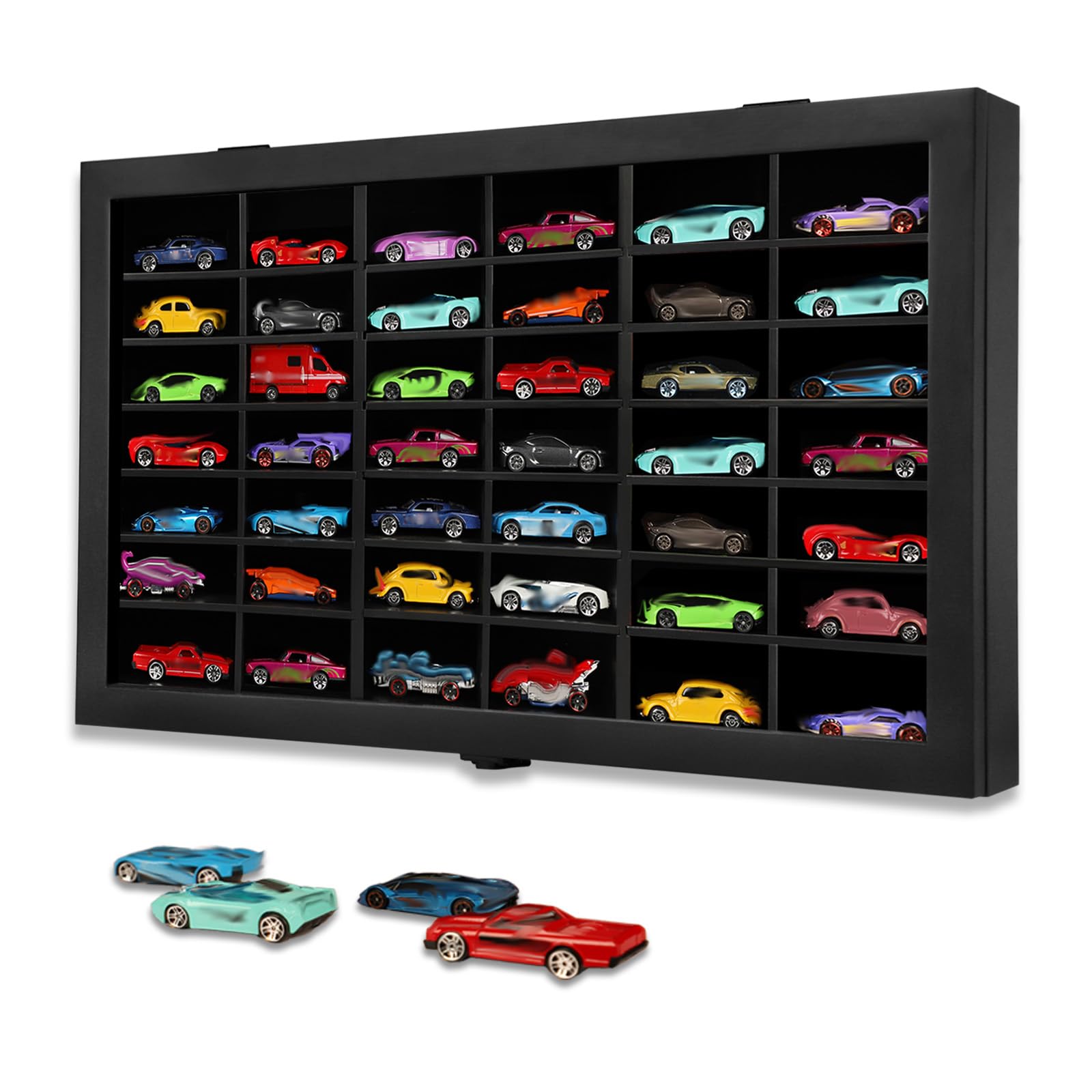 Photo 1 of 1/64 Diecast Toy Car Display Case Model Car Organizer Storage Cabinet Wall Mount with Acrylic Glass Door & Removable Black Shelf - Holds Up to 42 Cars, Black