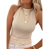 EVALESS Womens Tank Tops Summer Ribbed Knit Racerback High Neck Halter Crop Tops Blouses Sleeveless Slim Basic Cami Shirts