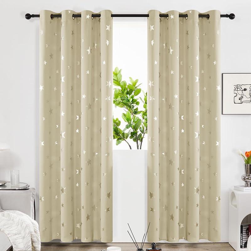 Deconovo Blackout Curtains 2 Panels 140x245 cm Star Design Eyelets Dark Beige