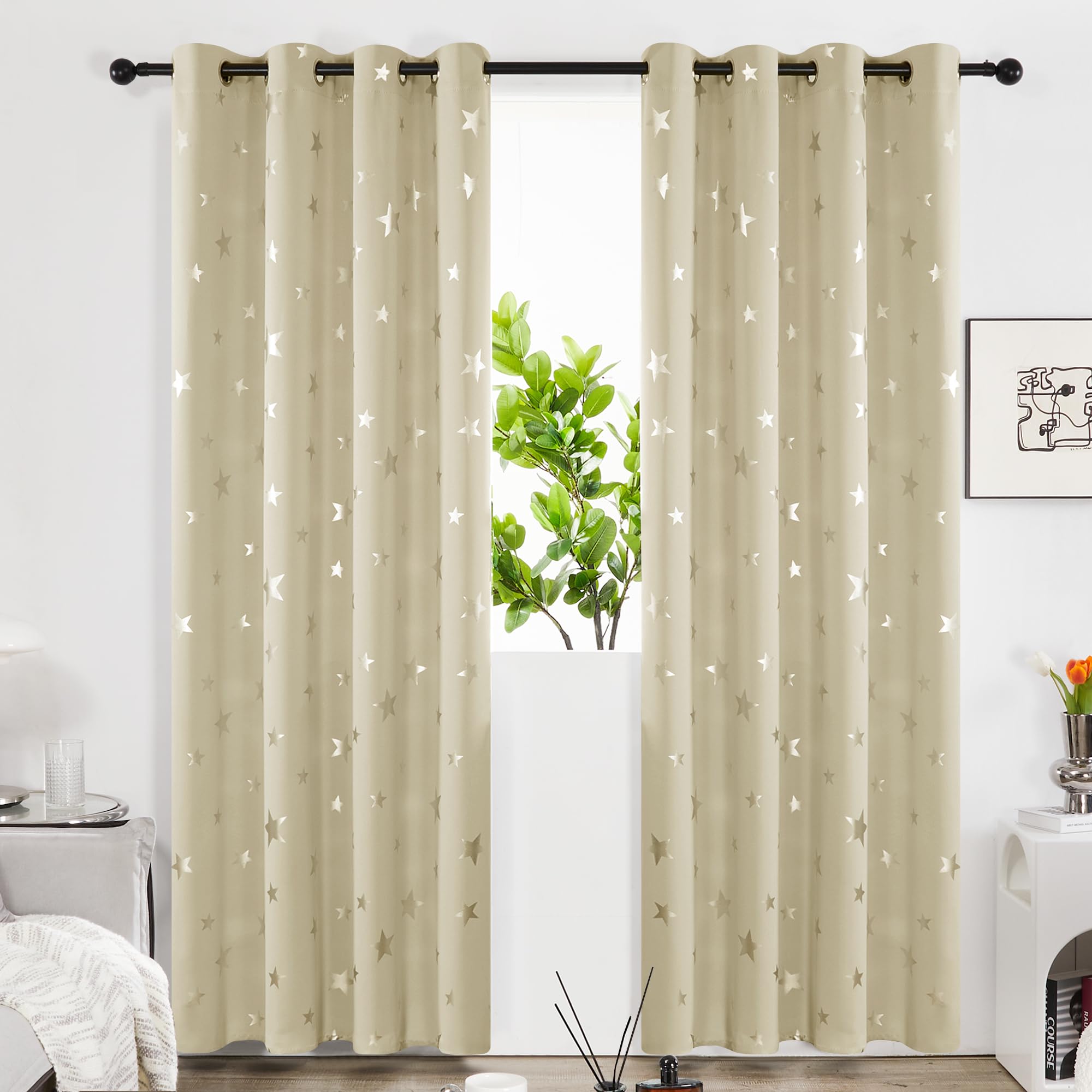 Deconovo Set of 2 Blackout Curtains Thermal Anti-Cold Silver Star Design with Eyelets for Baby Bedroom 140 x 245 cm Dark Beige