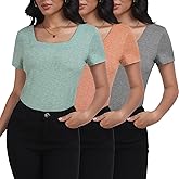 Sicnebee Women T Shirts 3 Pack Basic Womens Tops Short Sleeve Square Neck Tees for Women Casual Summer Outfits Clothes 2025