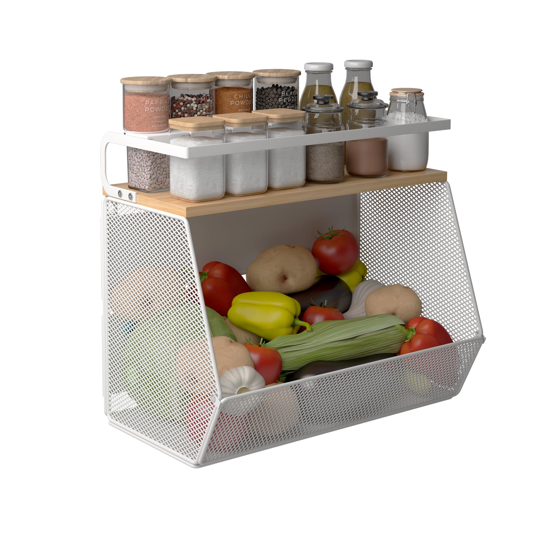 Photo 1 of 1 Pack Magnetic Shelf for Fridge with Wood Lid, Mesh Magnetic Storage Basket for Refrigerator, Organizer Rack for Fruit, Onion, Potato, Kitchen Counter or Laundry (White, M)