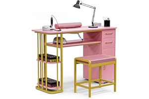 Kikihuose Manicure Table Nail Desk for Nail Tech, Professional Nail Table with Stool, Dust Collector, Dust Bag & Wrist Cushion，Modern Multipurpose Table with Storage Cabinet & Drawers, Pink