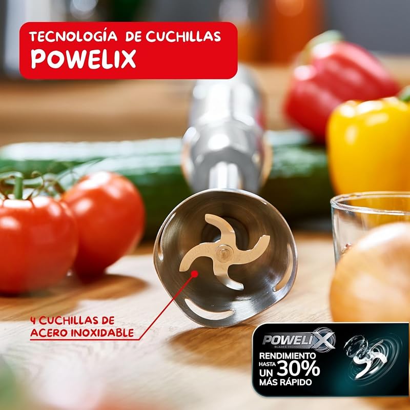 Quickchef, Liquidificador manual + Espátula, Pé de metal, 1000 W, 10 velocidades, Lâminas Powelix, picador de 500 ml, copo medidor de 800 ml, DD655DES Cinza