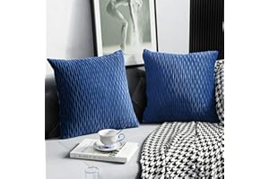 DEZENE 16x16 Blue Throw Pillow Covers: 2 Pack Original Striped Velvet Square Decorative Pillow Cases for Farmhouse Couch