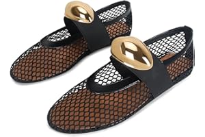DOEYG Mesh Ballet Flats for Women Buckle Strap Comfy Casual Office Fishnet Ballerina Flat Shoes with Gold Buckle