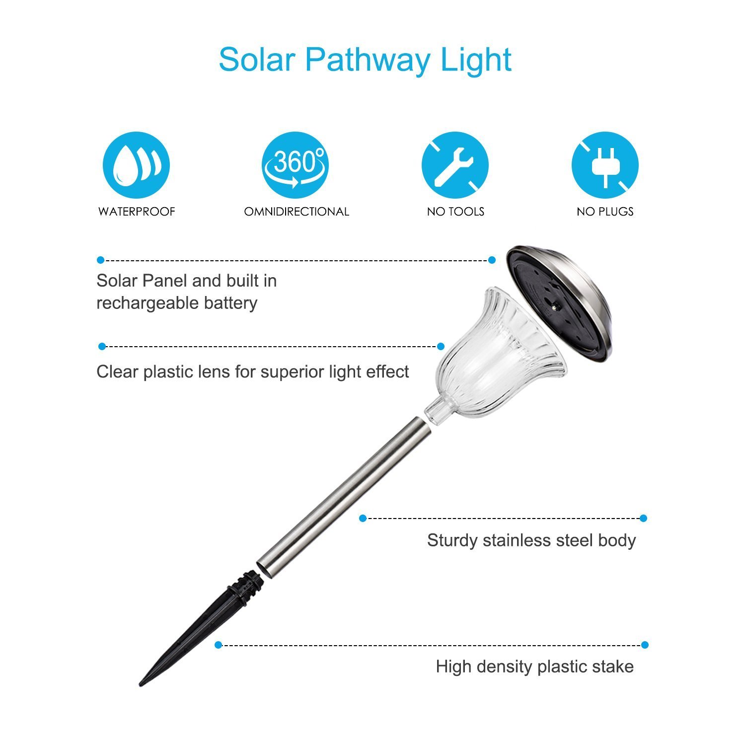 Solar Pathways Lights Makes Garden Path & Flower Beds Look Great; Drunze 4PCS Stainless Steel Patio Lighting, Easy NO-WIRE Installation;Any-Weather/Water-Resistant