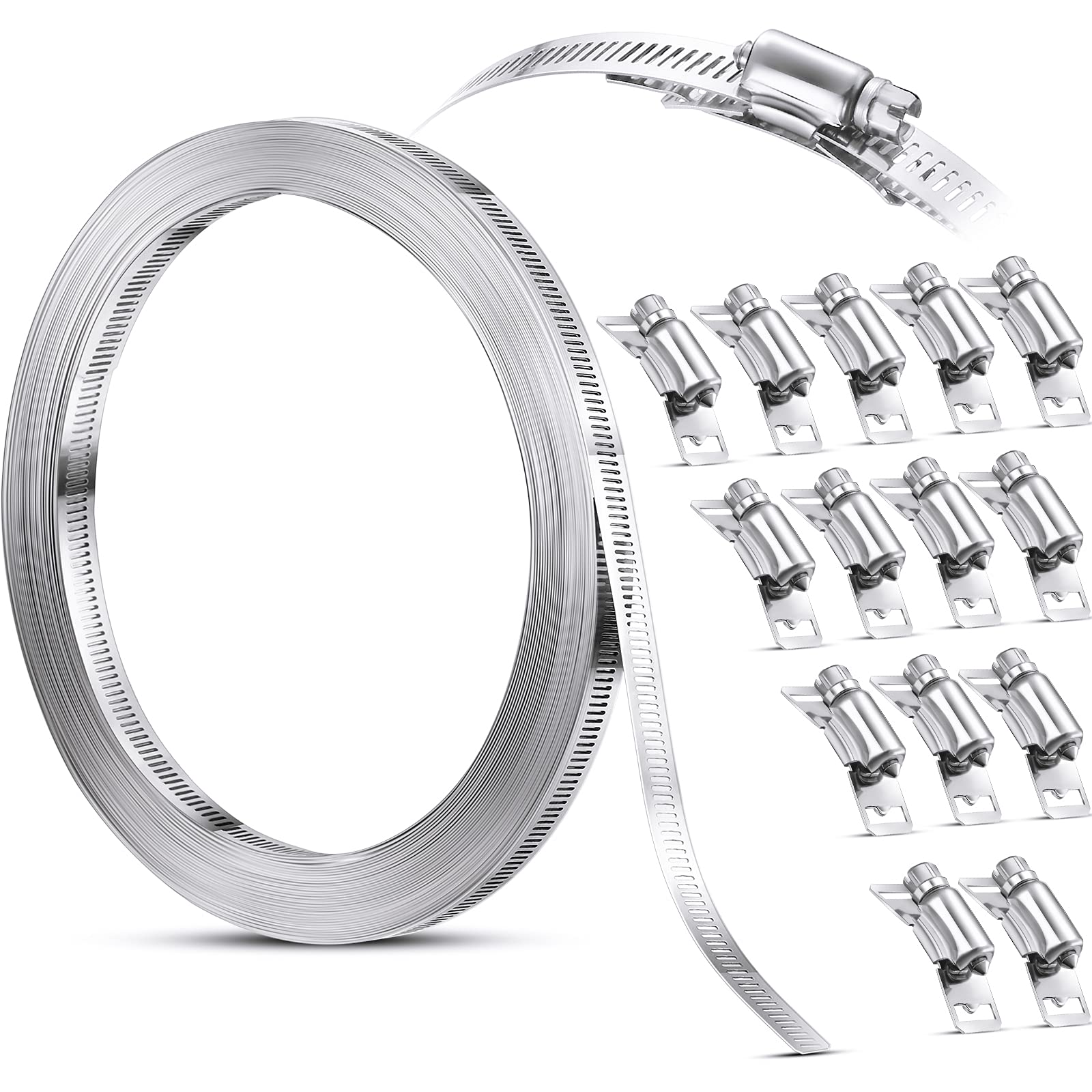 Hoses Clamps, Clamps Worm, Worm Clamps Stainless Steel, Large Hose Clamp Worm Drive Hose Clamps Adjustable Pipe Hose Clamp for Intercooler, Pipe, Plumbing, Tube and Fuel Line(17 Pieces,60 Feet)