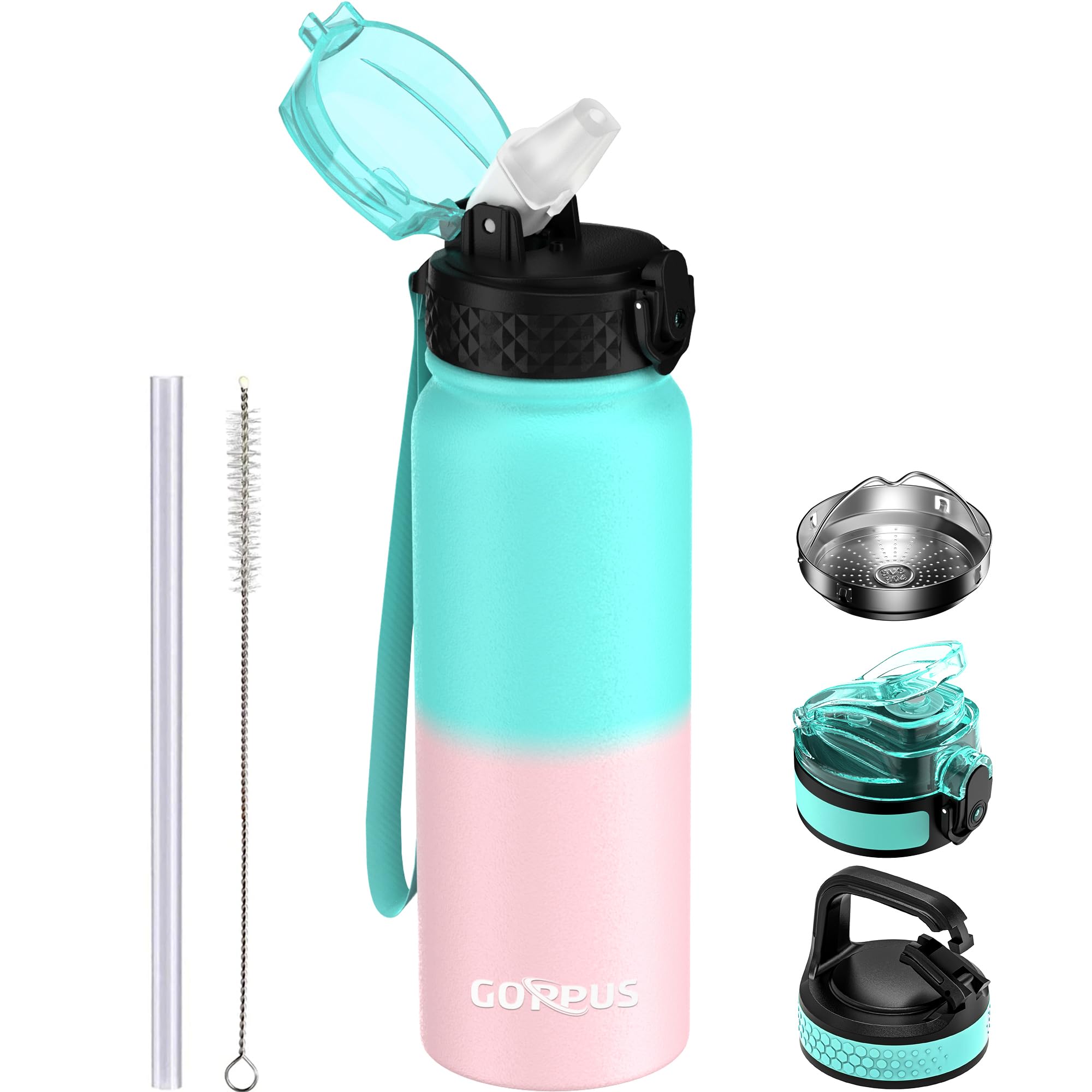GOPPUS 600ml/20oz Stainless Water Bottle with Straw Double Wall Insulated Bottles with Strap One Hand Open Vacuum Thermal Flask Leakproof Keep Cold Bottles with Flip Top Lid BPA Free (Green Pink)