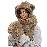 Women Cute Bear Hooded Hat Scarf Gloves Set 3-in-1 Earflap Animal Hat Plush Warm Hooded Scarf with Mittens