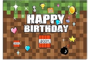 QGHOT Pixel Backdrop Happy Birthday Party Decoration 7x5Ft Video Game Themed Banner Gaming Gamer Photo Background for Kids Boy Cake Table Supplies Favors