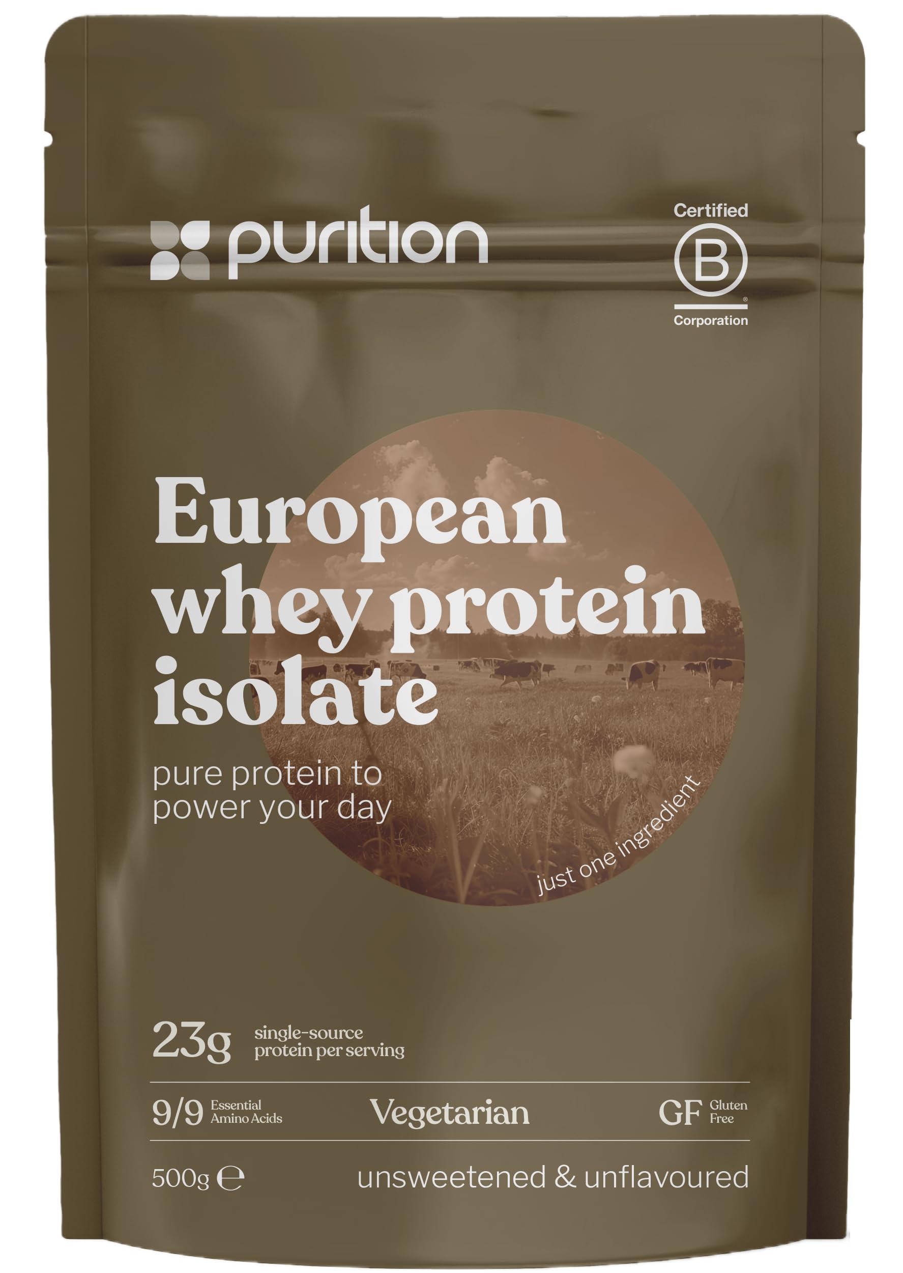 Purition - 100% Whey Protein Isolate, 93% Protein, Triple-Filtered, Unsweetened, Unflavoured, Soy Free, Low Fat, 23g Protein per Serving, 20 Servings - 500g