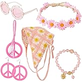 JDRGJTH 6 PCS Hippie Costume Accessories Set 70s Accessories Women Peace Sign Necklace Earrings Boho Daisy Flower Headband Sunglasses 70s Groovy Outfits for Women