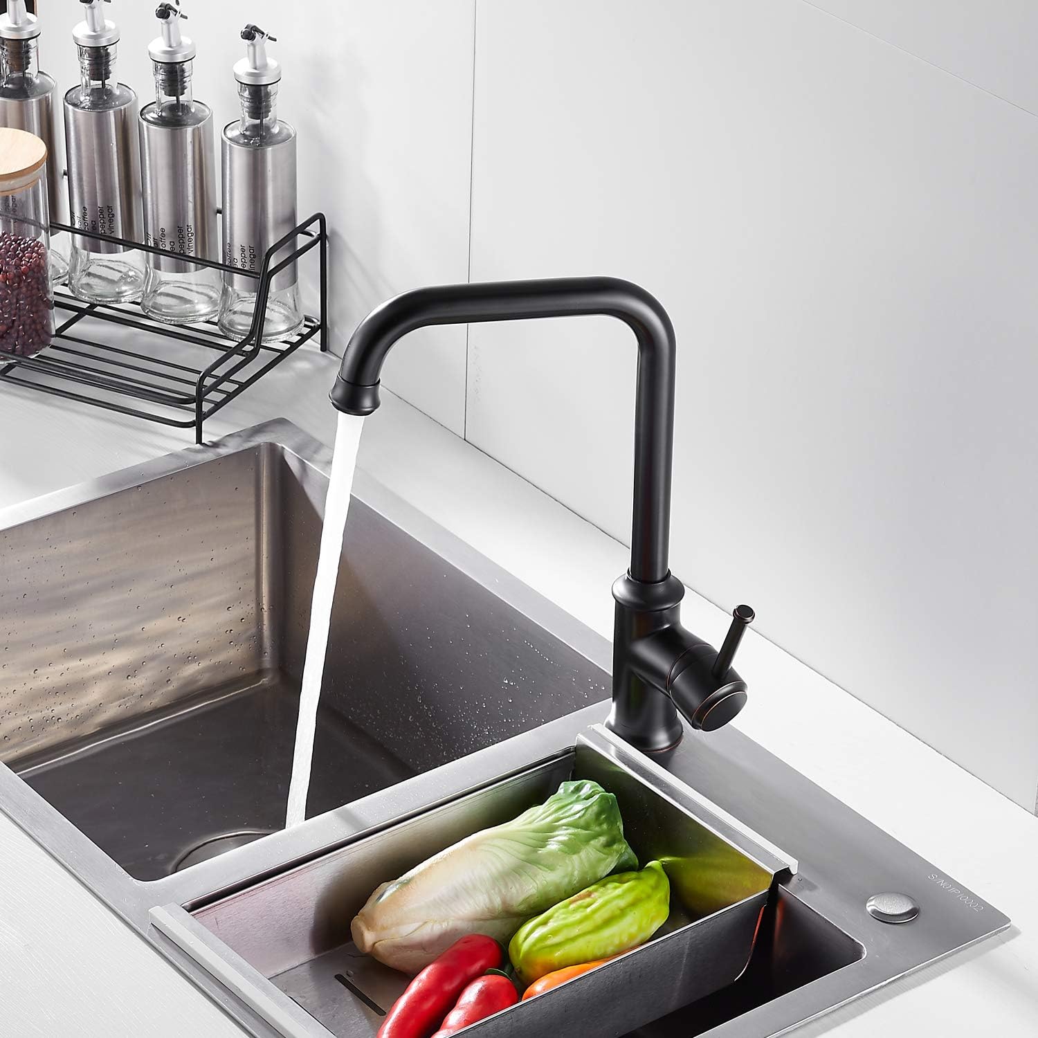 NEWRAIN Kitchen Sink Taps Mixer Solid Brass Monobloc Single Lever 360 Swivel Spout Kitchen Sink Basin Mixer Tap,with Flexible Hoses and Fittings,Black - Image 4