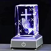 YWHL 3D Crystal Cross Figurine with Colorful Light Base, Laser Engrave Praying Hands Religious Gifts for Women Man, Christian Gifts for Friend
