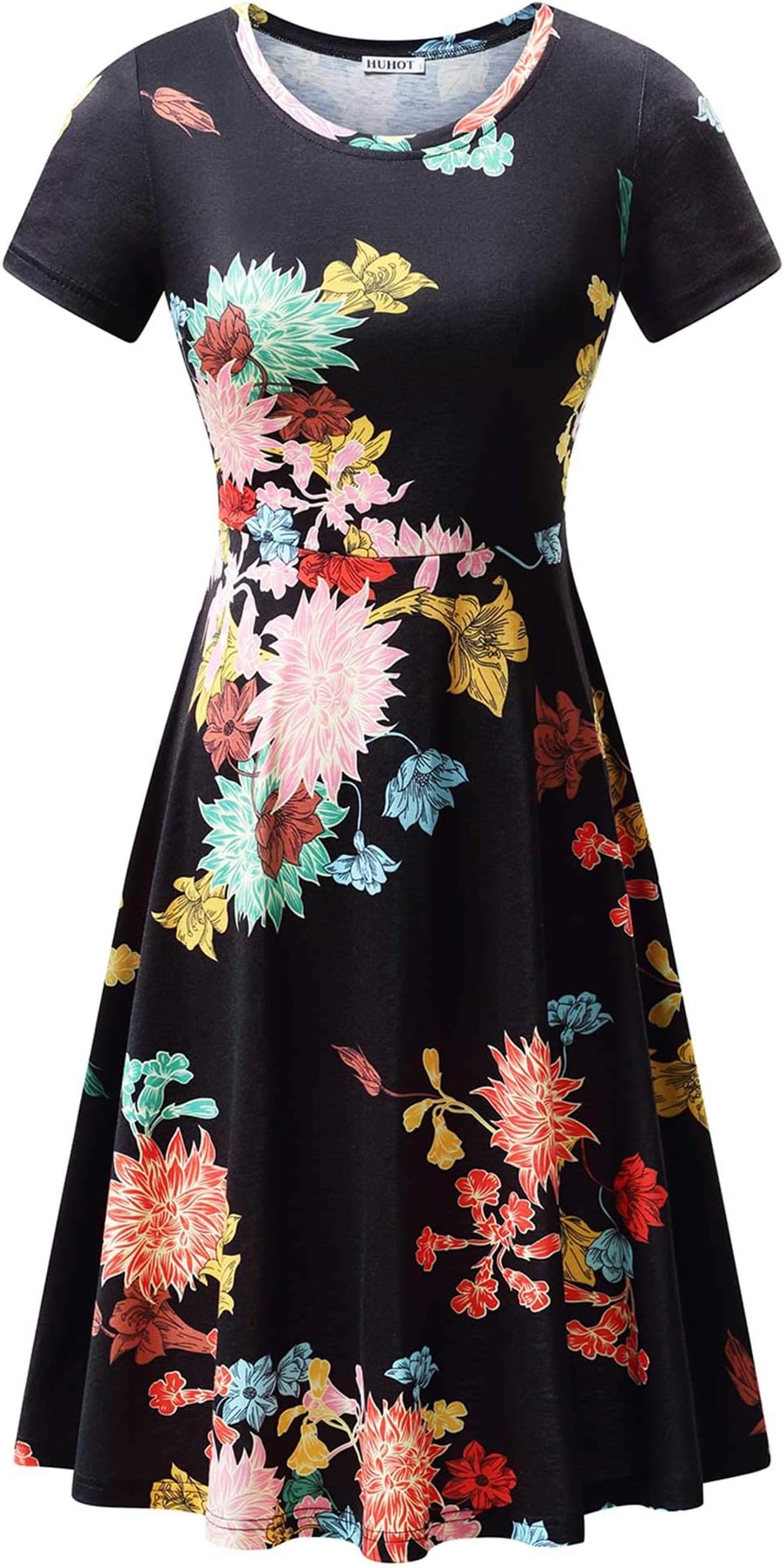 HUHOT Women Short Sleeve Round Neck Summer Casual Flared Midi Dress