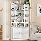 Corner Bookshelf with Doors, 6 Tier Corner Bookcase with Storage Cabinet | White L-Shaped Book Shelf with 8 Open Racks , Farmhouse Etagere Bookshelf with Full Baffle for Living Room Home Office
