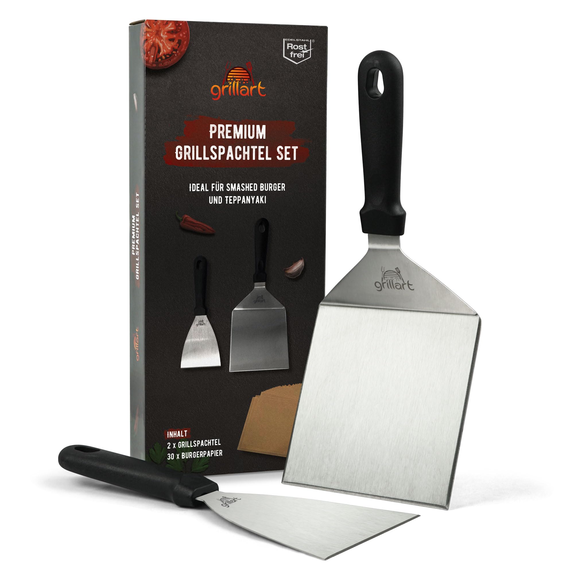 grillart Premium Grill Spatula Set Made of High-Quality Stainless Steel for Smashed Burger Including 30 Pieces Burger Paper - Grill Spatula for Plancha & Teppanyaki - Stainless Steel Grill Spatula