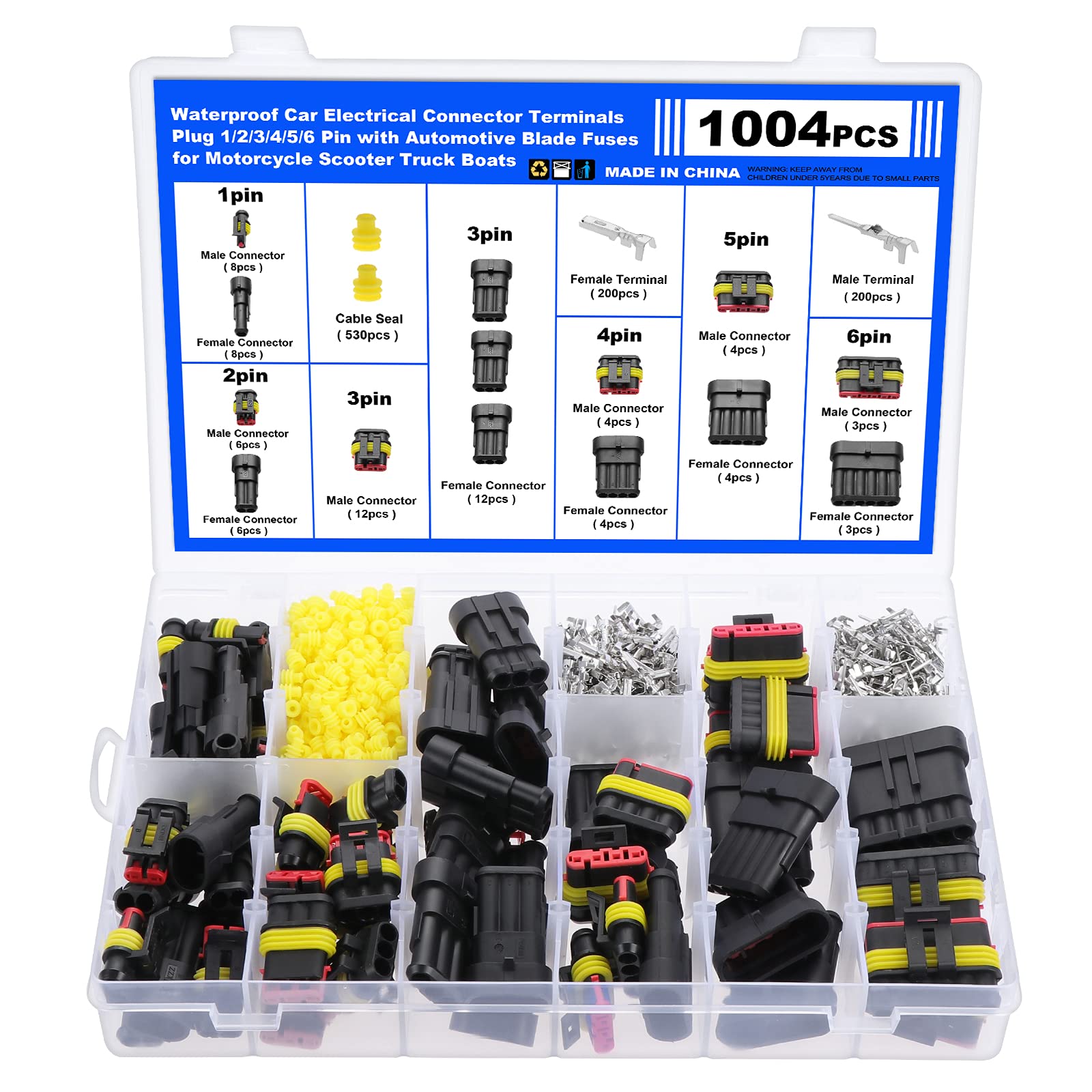 Faankiton 1004PCS Waterproof Car Electrical Connector, 1/2/3/4/5/6 Pin Way Waterproof Electrical Connector Kit, Electrical Automotive Wire Connectors Plug, Terminals Plug for Motorcycle Scooter Truck