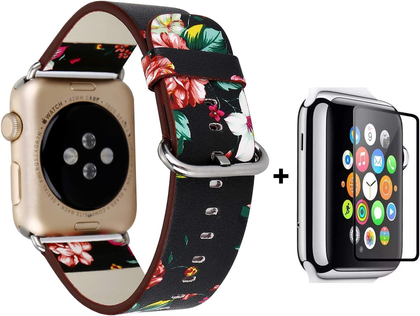 For Apple Watch Band With Free Tempered Glass Screen Protector 42 / 44mm, Jimbird Soft PU Leather Replacement Strap Wrist Band for Women Nike+, Series1/2/3/4 (Protector just fit 42mm)