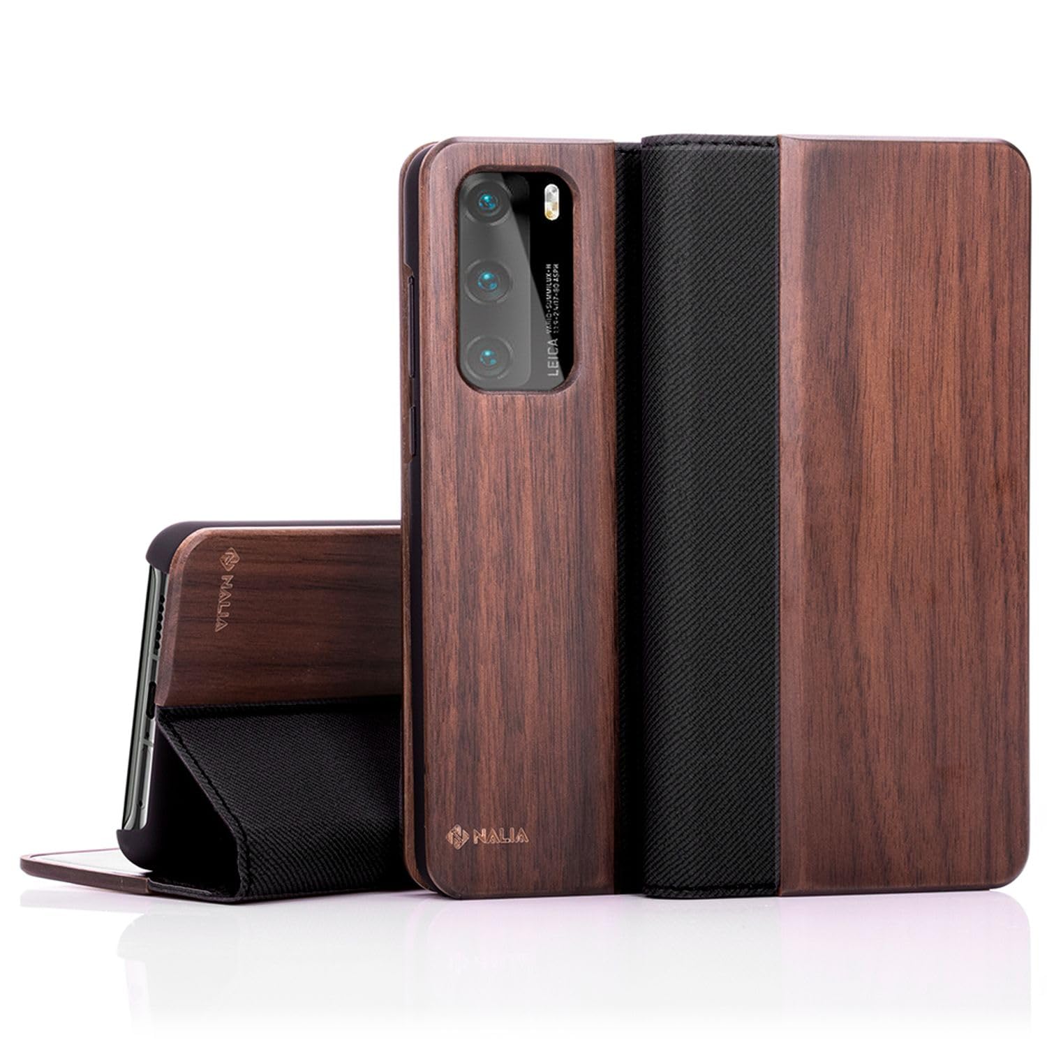 NALIA Wood Cover compatible with Huawei P40 Flip Case, Wooden Full Body Mobile Phone Protector, Protective Natural Front & Back Complete Coverage Bumper Premium Shockproof Wallet Book Shell - Walnut