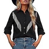 Women's Fringe Trim Shirts Long Sleeve Button Down Rhinestone Top Sparkly Shirt Blouse Cowgirl Western Country Concert Outfit