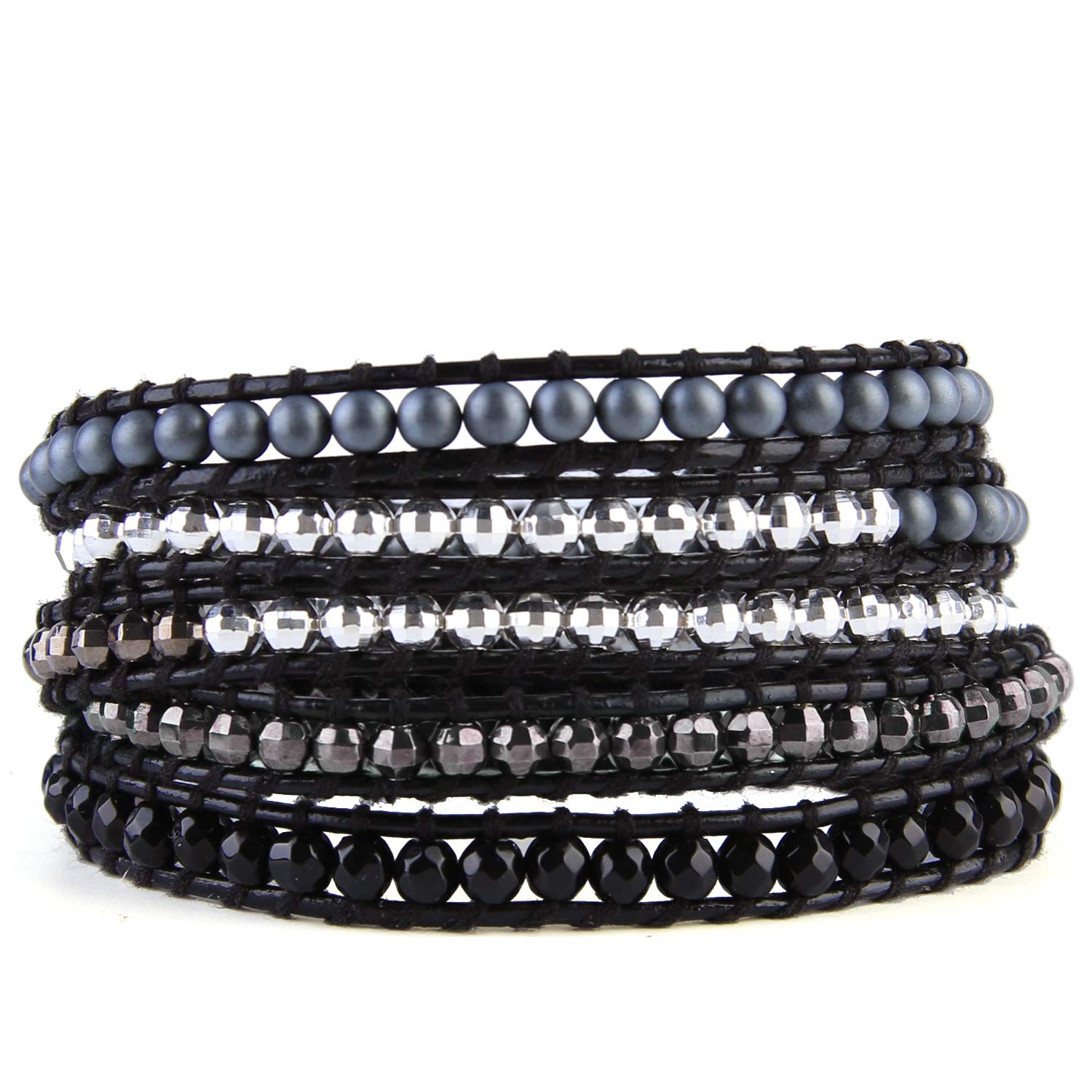 KELITCH Black Leather Sliver Bead Bracelet Boho Cuff Bracelets Handmade Metal Bead Bracelets Women Jewelry