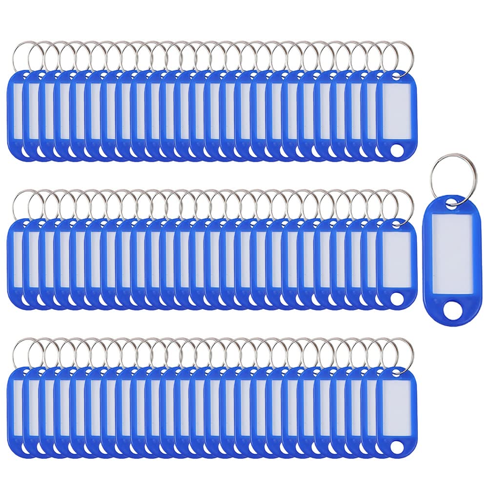 SagaSave Key Tags 100 Pieces Keyring Tags Key Labels Plastic Key Fobs Id Tags Key Rings Name Tags Luggage Id Labels With Labels Split Ring Keyring (Blue)