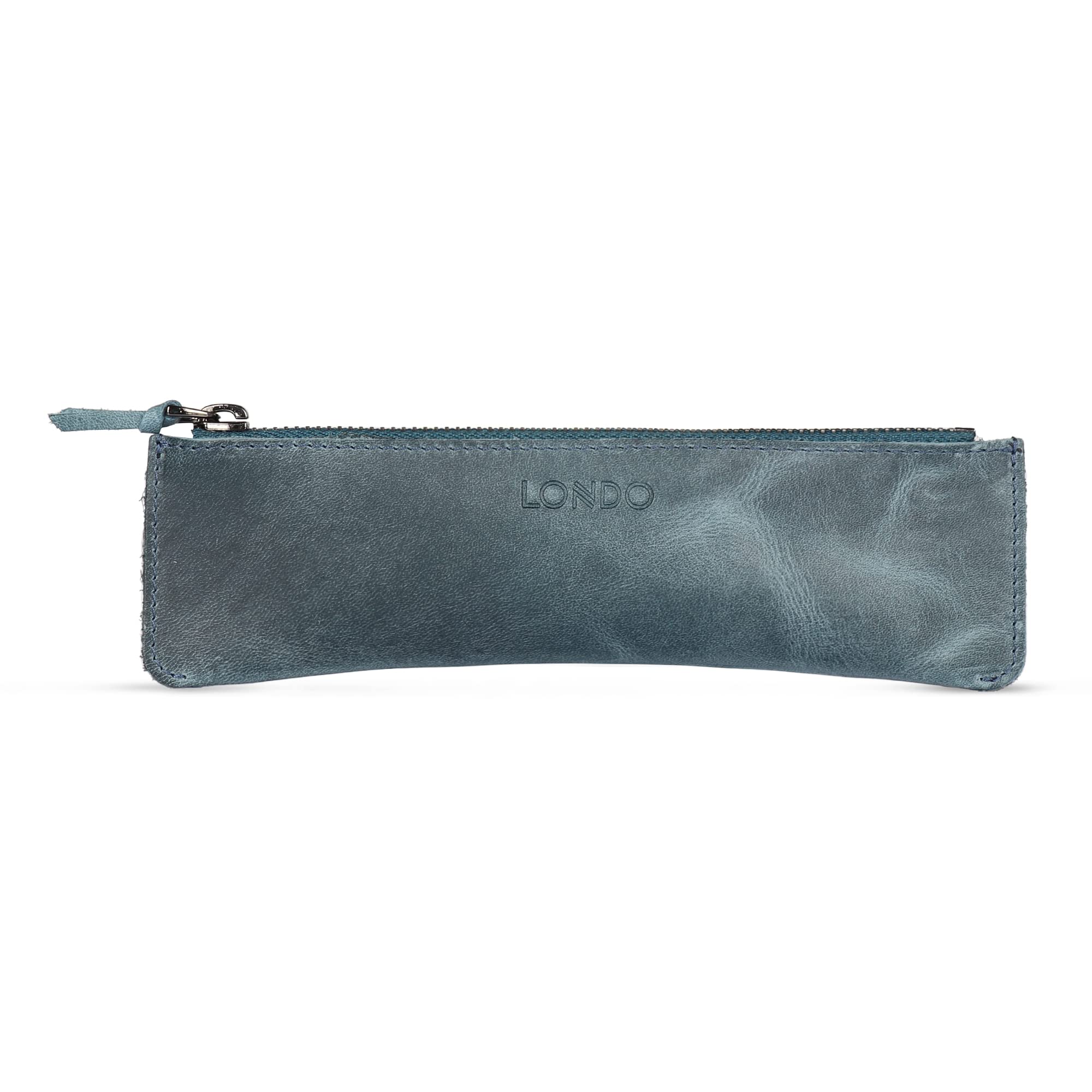 LONDO Genuine Leather Pen Case with Zipper Closure, Pencil Pouch Stationery Bag