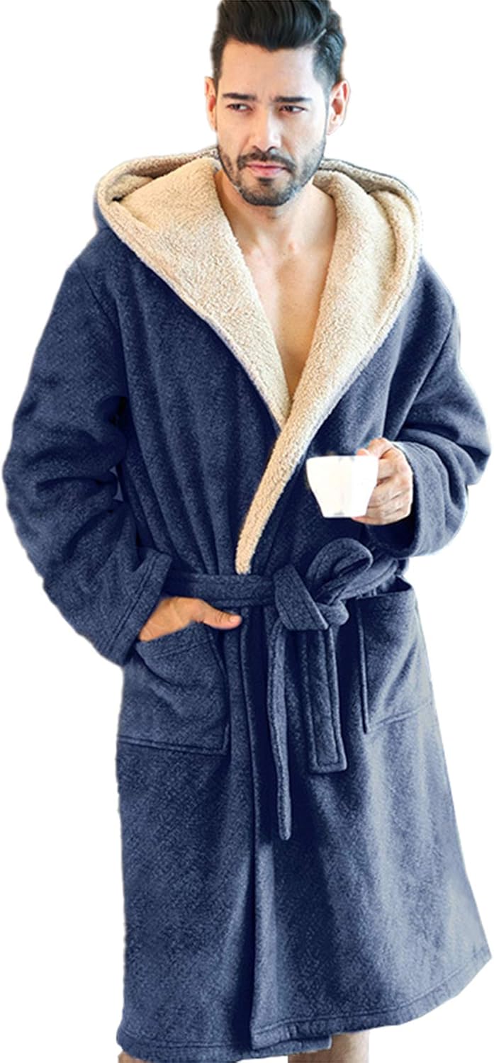 Autumn And Winter Thick Coral Fleece Polar Fleece Nightgown Double-Layer Hooded Belt Men's 
