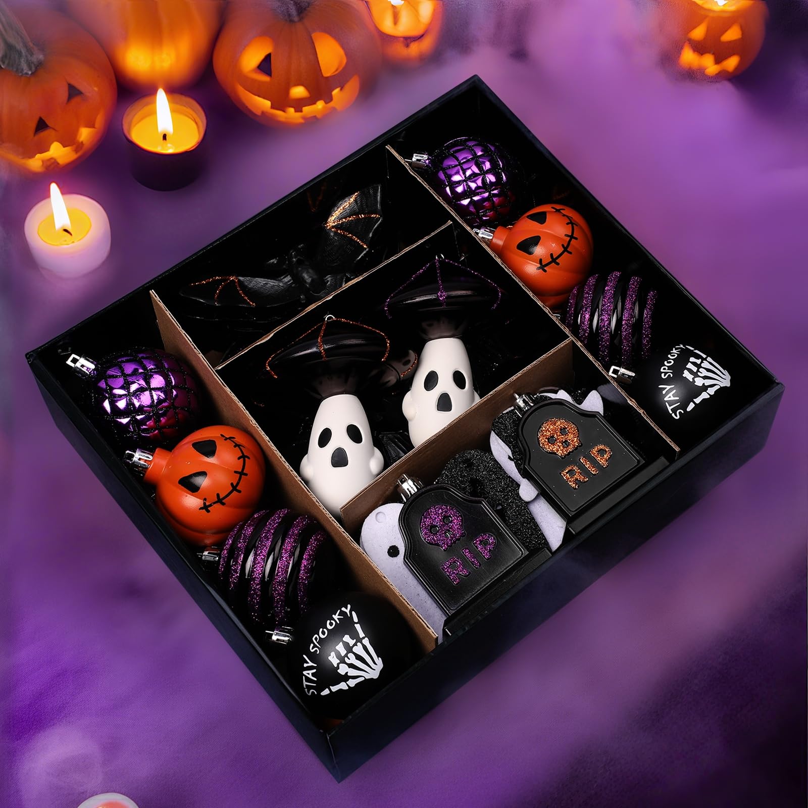 Photo 1 of Alupssuc 70pcs Clearance Halloween Tree Ornaments Set,Multiple Patterns Shatterproof Plastic Hanging Balls Decorations with Rope for Indoor Outdoor Halloween Party,Black & Orange & Purple