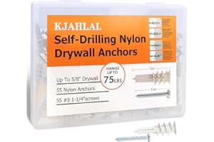 KJAHLAL #8 Drywall Anchor, 110 Pcs Self Drilling Drywall Anchors and Screws kit, No Pre Drill Hole Preparation Required, 55 Drywall Anchors and 55#8 x 1-1/4'' Screws, 75LB Hanging