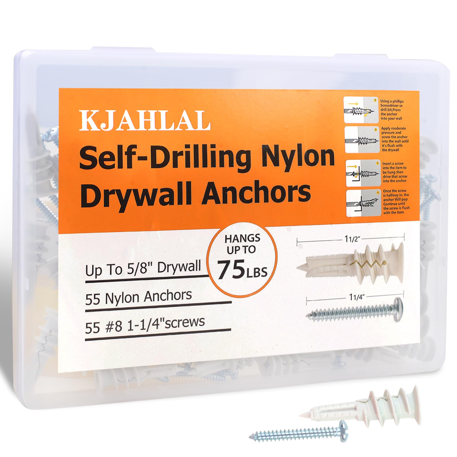 Photo 1 of  3 pack KJAHLAL #8 Drywall Anchor, 110 Pcs Self Drilling Drywall Anchors and Screws kit, No Pre Drill Hole Preparation Required, 55 Drywall Anchors and 55#8 x 1-1/4'' Screws, 75LB Hanging