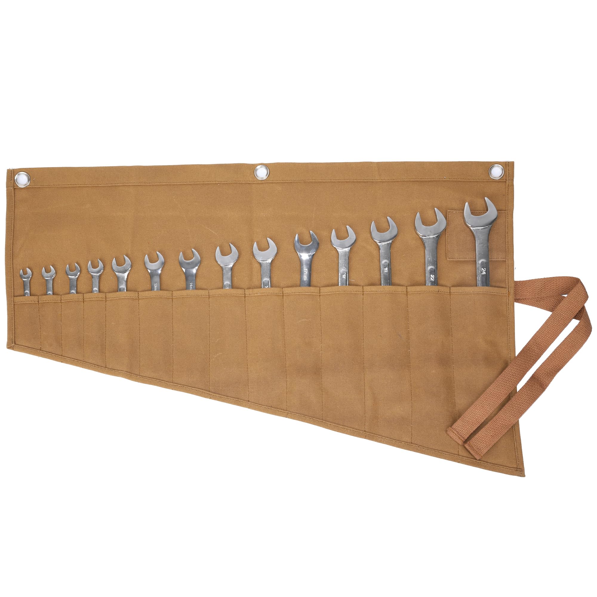 Wrench Roll, 16OZ Waxed canvas Rolling Up Tool Bag - 14 pockets - Metric & SAE Wrench Set Storage Roll | Khaki | 70x45cm