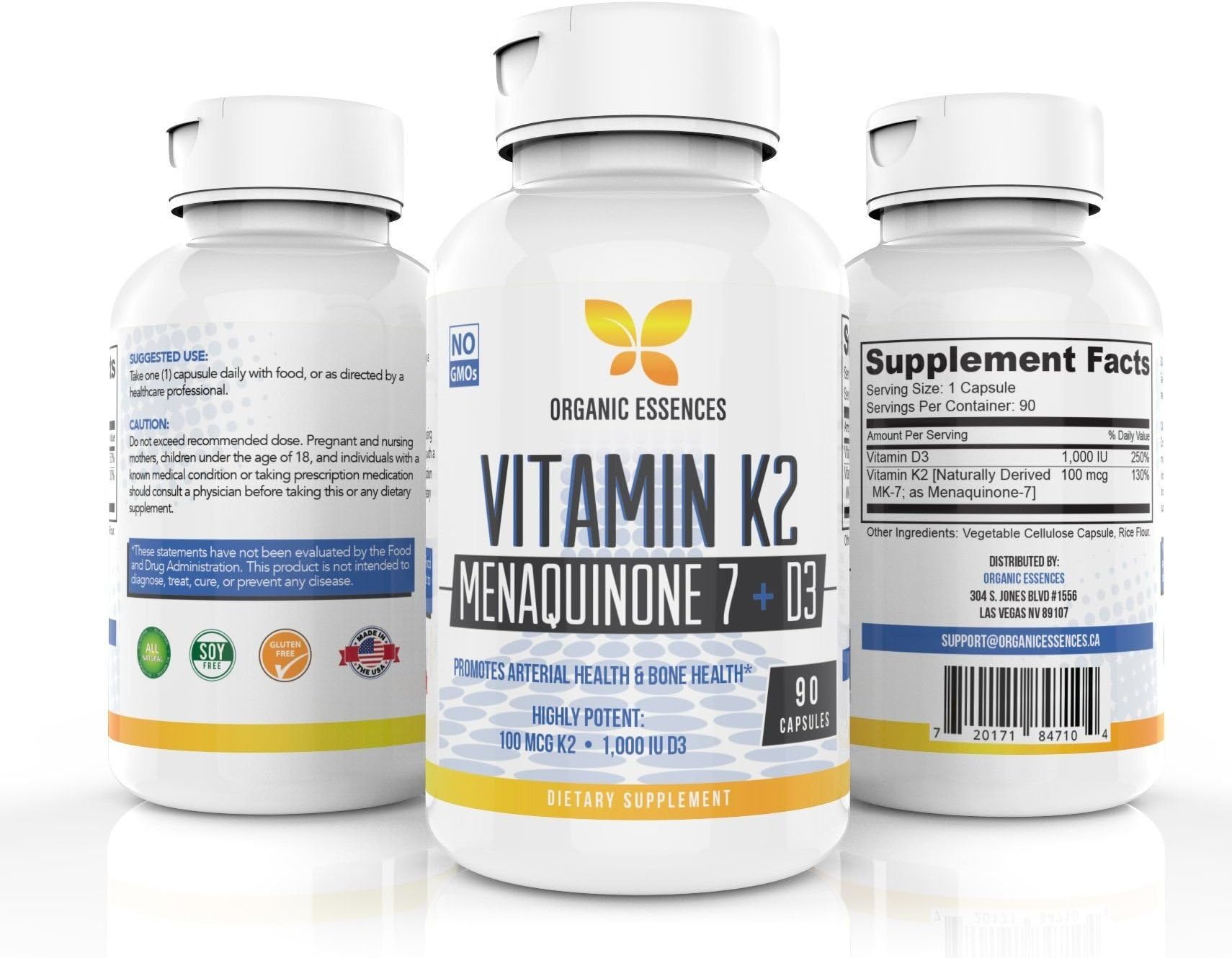 Organic Essences Vitamin K2 MK7 Supplement with D3-90 V.Caps - Natural MenaQ7 - Supports Healthy Bones, Healthy Heart, Superior Calcium Absorption 100% Natural. 100mcg VIT K2 + 1000IU D3