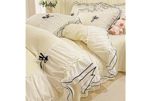IHOUSTRIY Cream Duvet Cover Queen Size, Ruffle Beddding Set with Bowtie, 3 Pieces Comforter Cover Set with Zipper Closure, Girl Bedding with Pillowcase - Cream Yellow, Queen