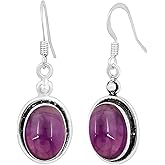 Natural Gemstones Dangle Earrings for Women – 925 Silver Plated Oval Shape Drop Earrings – Lightweight and Comfortable Handmade Fashion Jewelry – Gift for Birthdays, Daily Wear or Special Occasions