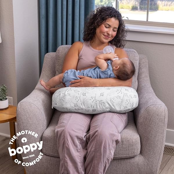 BOPPY NURSING PILLOW – FIRM, ERGONOMIC U-SHAPED BOTTLE AND BREASTFEEDING PILLOW WITH HIGH LIFT FOR COMFORT AND SUPPORT, SPACIOUS SURFACE – GRAY GENTLE LEAVES