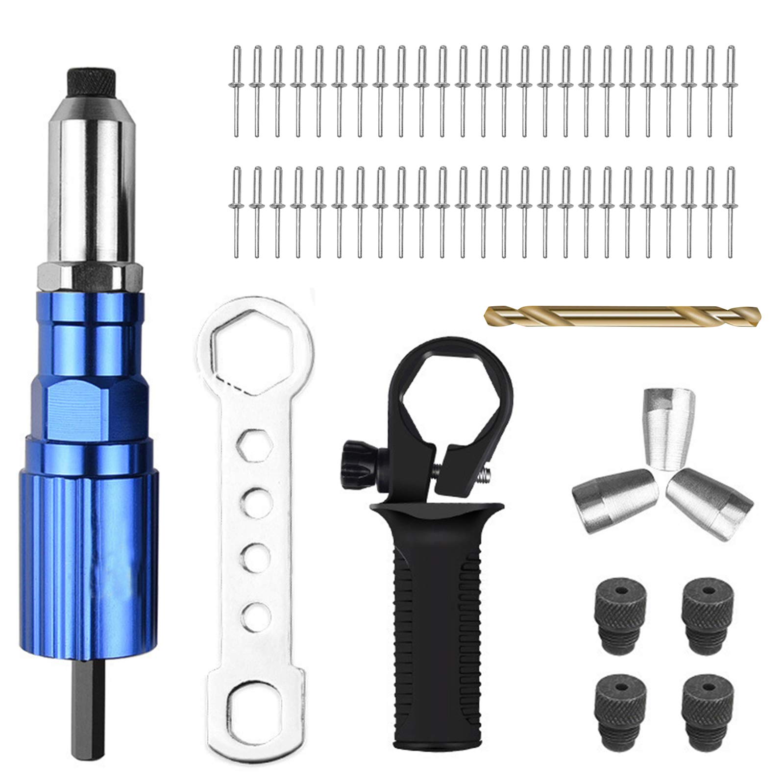 Opaltool Electric Rivet Gun Adapter with Non-slip Handle for Cordless Drill Electric Drill Tool Riveter Adapter Riveting Insert Nut Hand Power Tool (Electric Rivet Gun Adapter & 50 rivets & Drill Bit)
