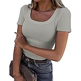 C.O.Z.Y Womens Short Sleeve Scoop Neck Tops Ribbed Knit Basic Tee Casual Summer Fitted Shirts 2025 Trendy Outfits Grey Medium