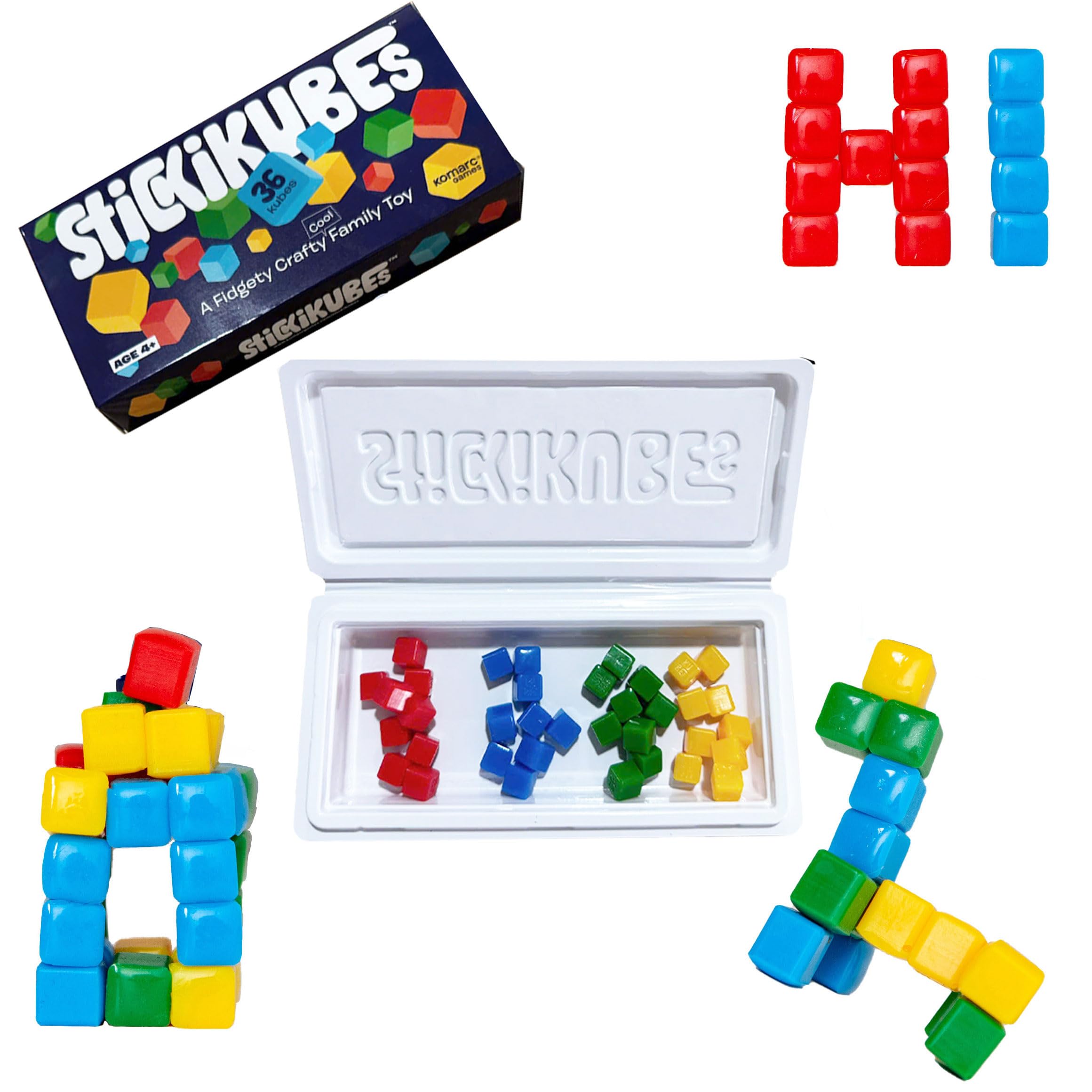KOMARC GAMES StickiKubes, Mini Stacking Cubes That Stick to Anything, Non Toxic Kid Safe Sticky Blocks, Creative Construction Toy - 36 Cubes, 4 Colors, Display Easel