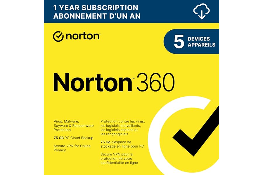 Norton 360 2025, Antivirus software for 5 Devices, 1-Year Subscription - Includes VPN, Password Manager and PC Cloud Backup [