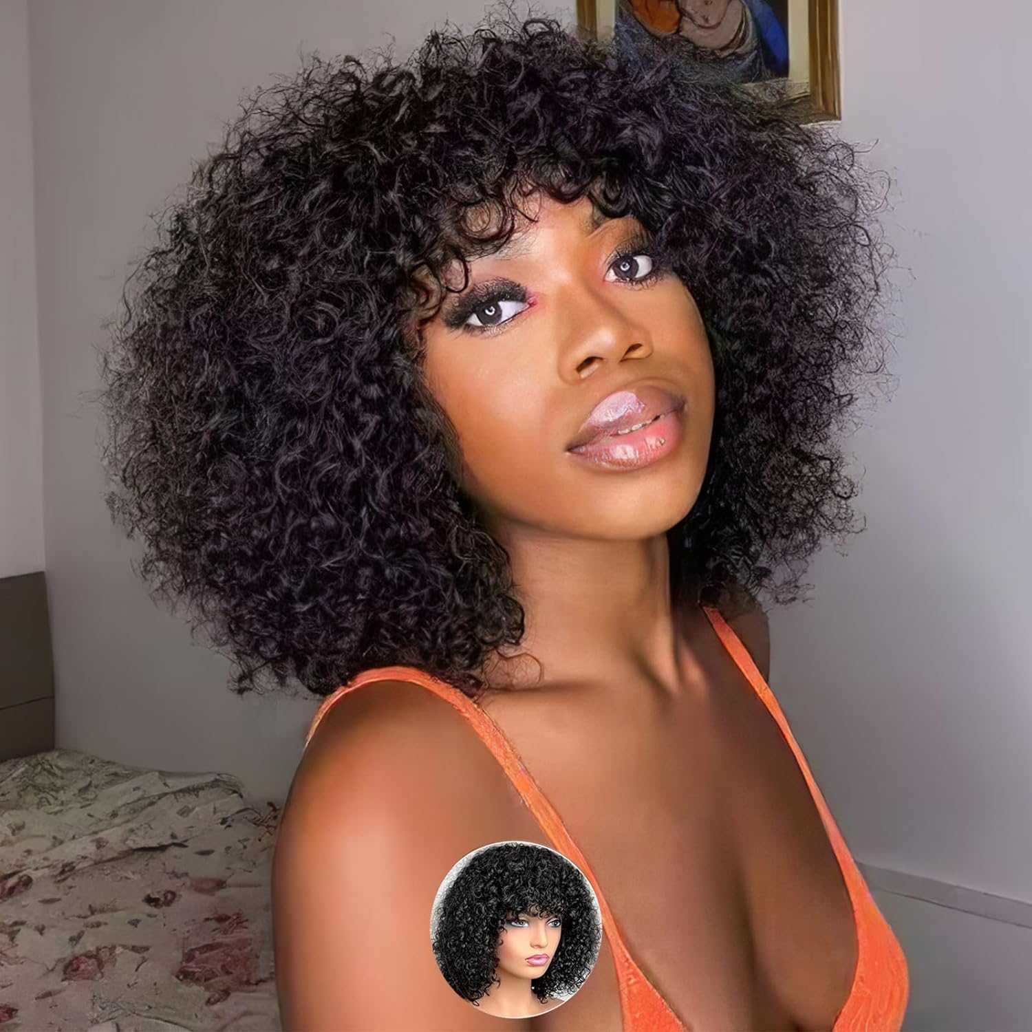 Curly Wig Human Hair Short Bob Wig with Bangs Human Hair Wigs for Black Women Short Bob Wigs with Bangs 10 Inch for Daily Use Beginner Friendly — image 1