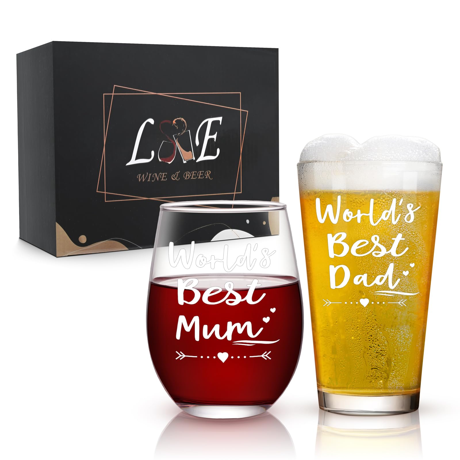 Joymaking Christmas Wine and Beer Glass Set for Dad and Mum - 17oz Glasses for Parents from Daughter and Son
